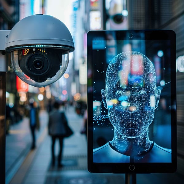 AI camera filming people on the street, reading their faces and displaying on a computer monitor