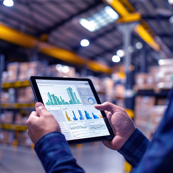 Man holding a tablet in a warehouse, looking at  analytics from GPS trackers on shipments