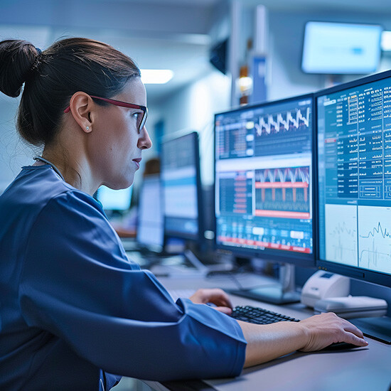 Nurse wearing blue scrubs and glasses, looking at analytics on a computer screen