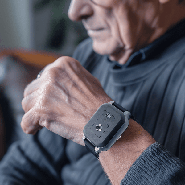 Elderly man wearing a VCare monitoring bracelet for medical monitoring