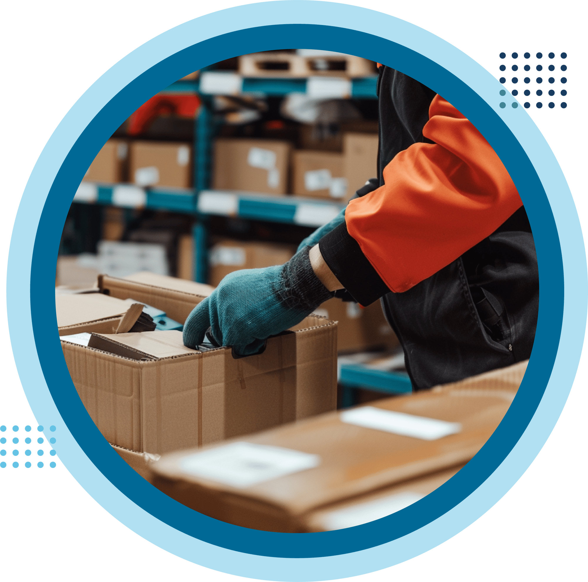 Round image of a man packing a cardboard box in a logistics center. Blue dot overlays are shown against a grey background.