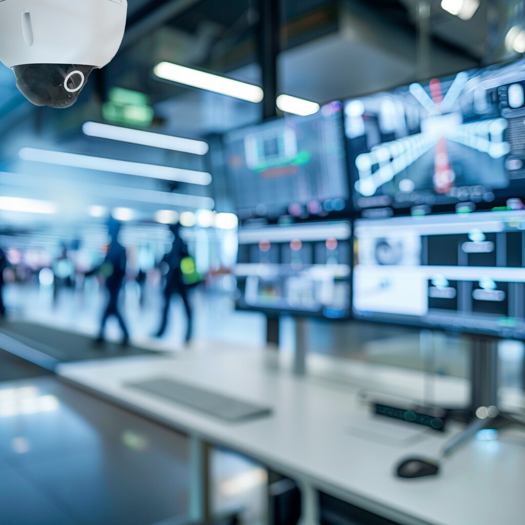 Security desk with four monitors, and Prime Insight camera in the upper left corner