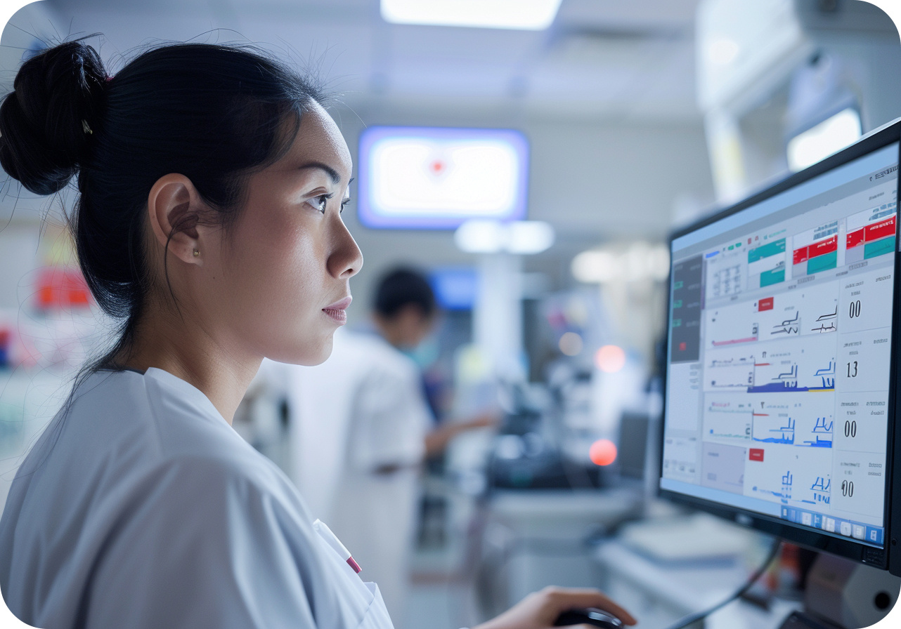 Asian nurse sitting at a desk, monitoring patients on a computer screen