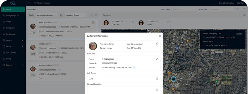 Rounded screenshot of the VCare platform, showing a senior user and her location on a geo map