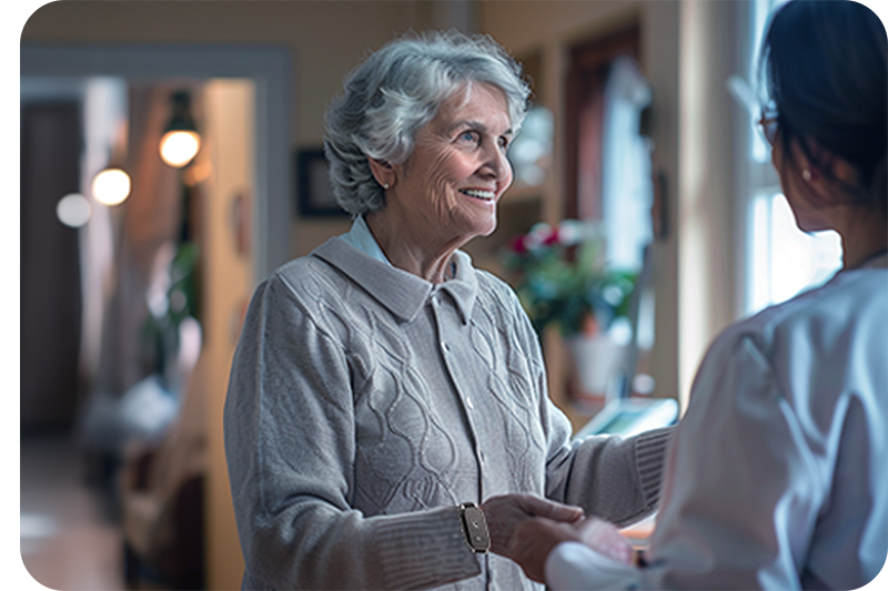 Senior woman holding the hands of a medical worker at a senior facility