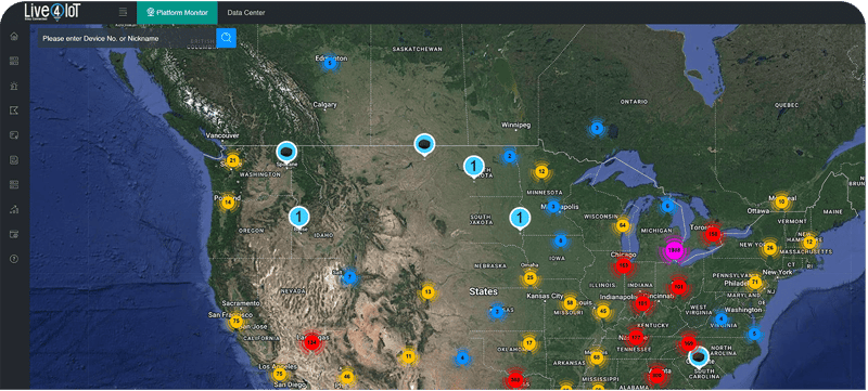 Tablet showing a North American map with geo markers, shown on the Live4IoT platform