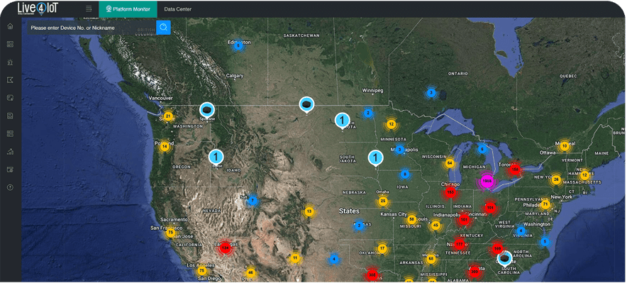 Tablet showing a North American map with geo markers, shown on the Live4IoT platform
