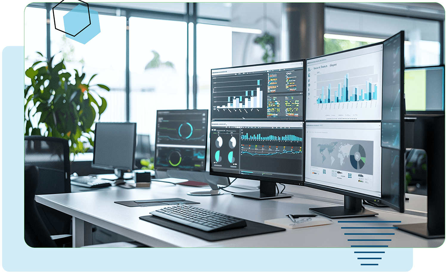 Desk with multiple monitors showing geographical maps and analytics