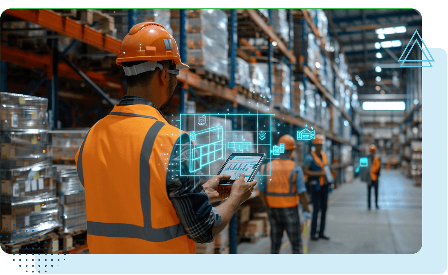 Man wearing an orange hard hat and safety vest, standing in a warehouse, using a tablet. Digital overlays show IoT connectivity.