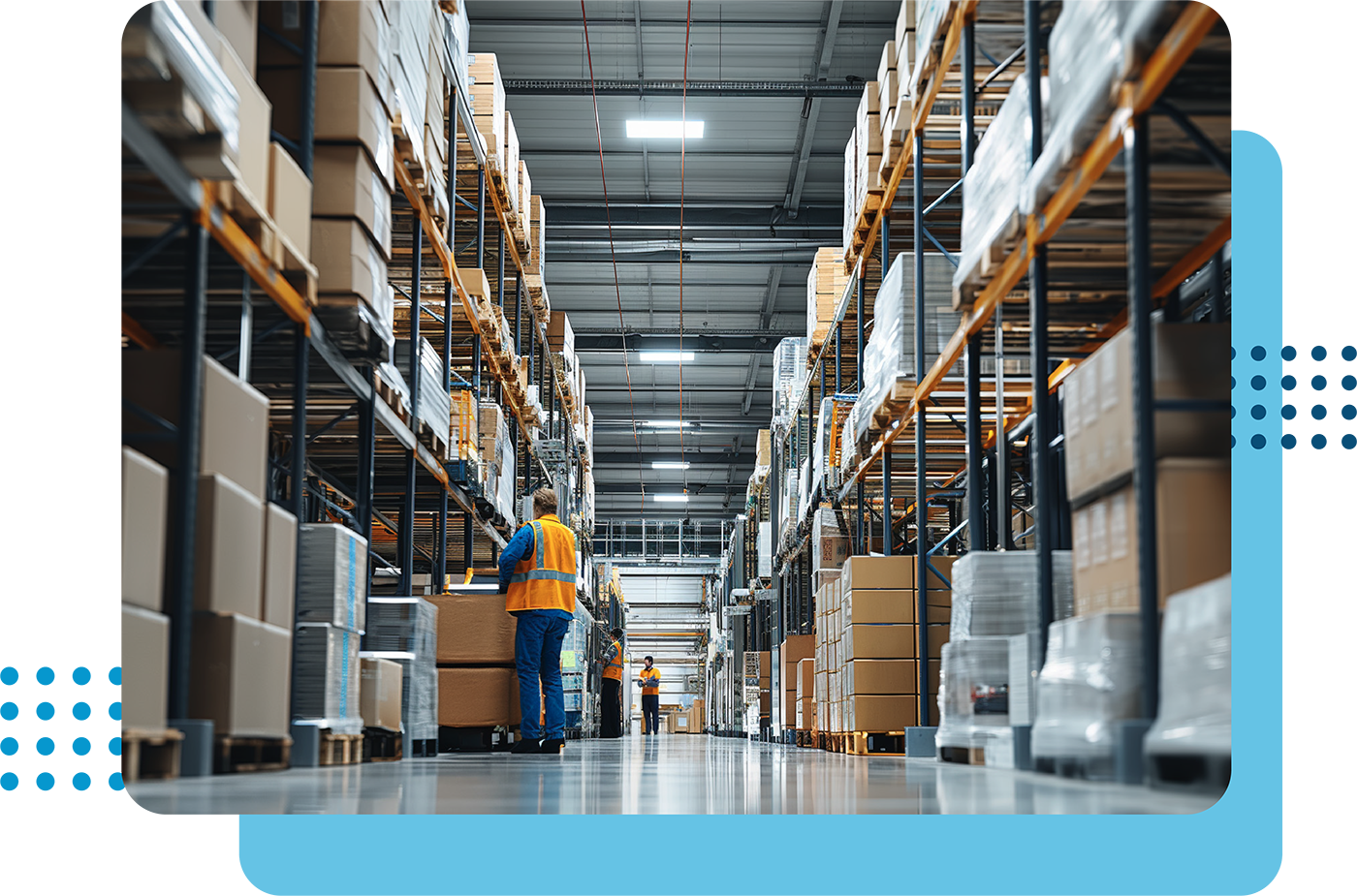 Employees in a warehouse with boxes. Image has blue overlays and is set upon a grey background