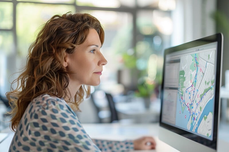 Woman at a desk, looking at a computer monitor with a map and geo markers, showing asset trackers