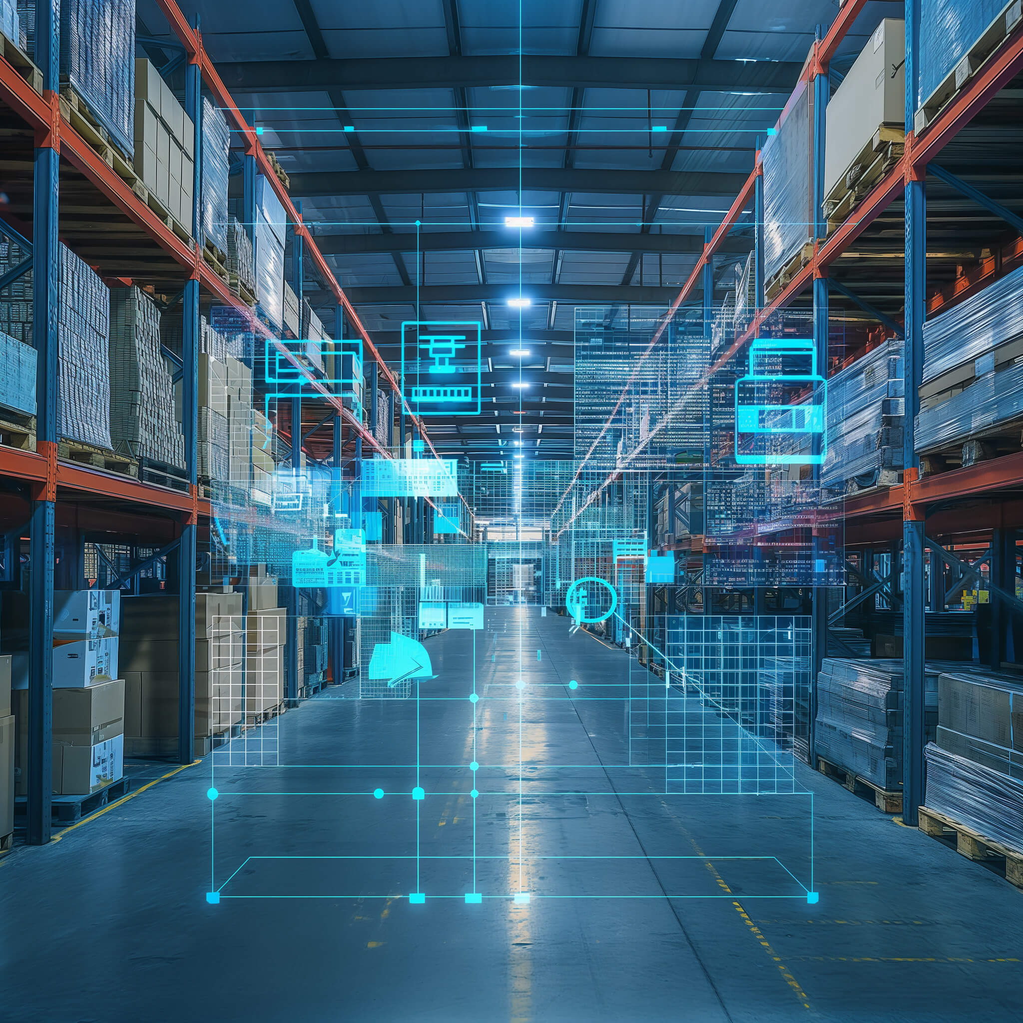 Internal view of a warehouse full of boxes. Blue digital overlay shows AI connectivity.