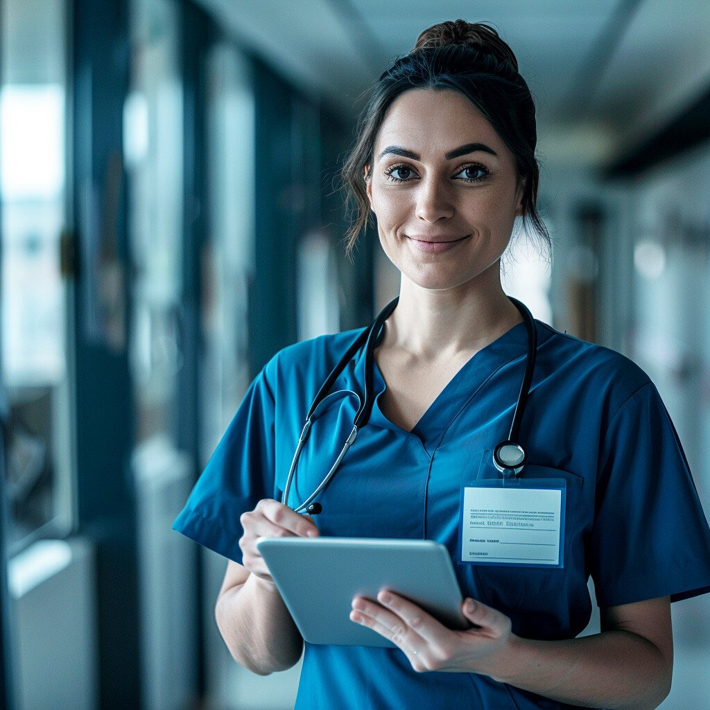 Smiling nurse, wearing blue scrubs, holding a tablet in the hallway of a hospital