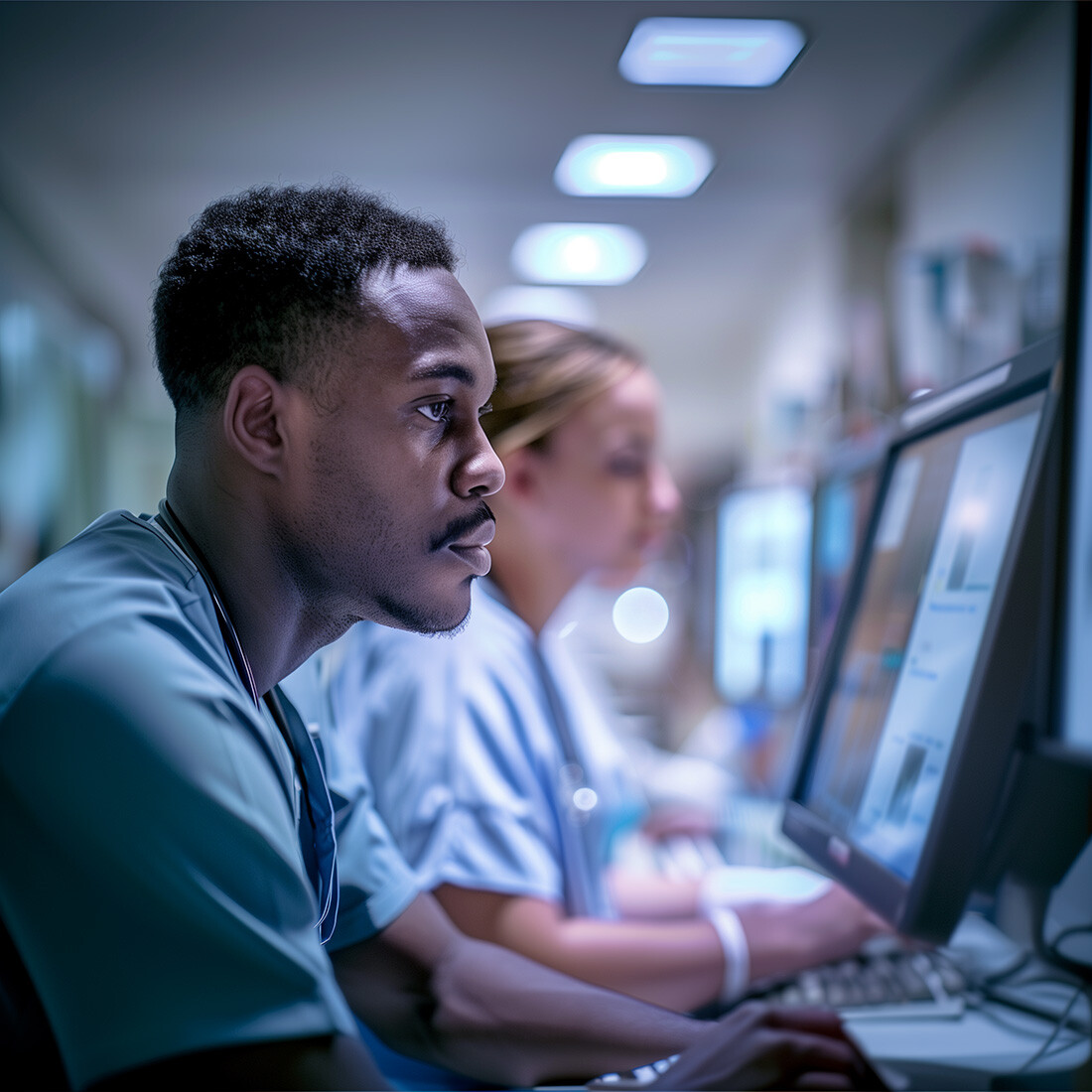 Two nurses at a desk in a hospital, monitoring patient movement in VHS